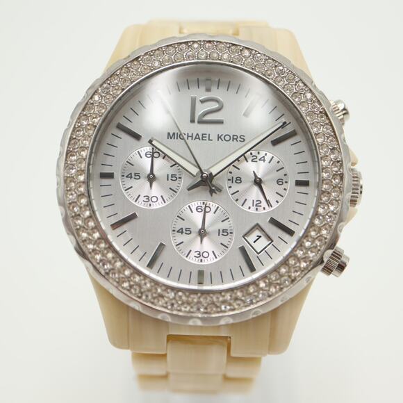 Michael Kors 42mm Chronograph Watch 6" Jet Set Horn Beige Acrylic w New Battery - Picture 5 of 13